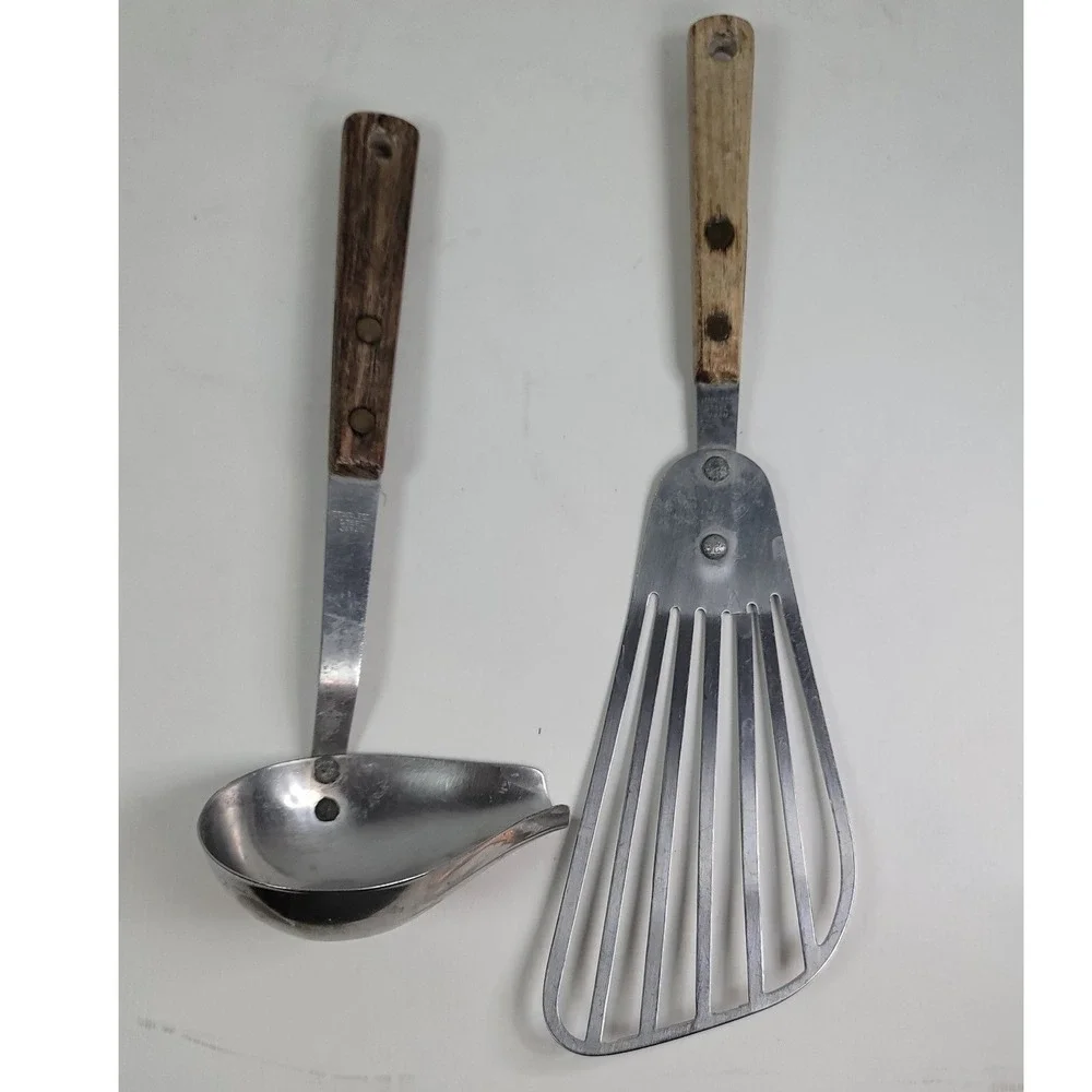 Vintage Stainless Steel Japan Kitchen Utensil Set Wood Handle Spatula Ladle 2pc